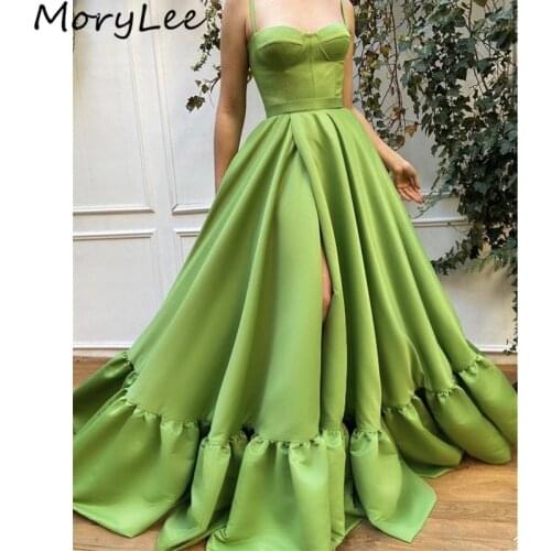 Green Evening Dresses Spaghetti Straps Floor Length A-Line Side Slit Satin Pleated Evening Dresses vestidos de fiesta de noche