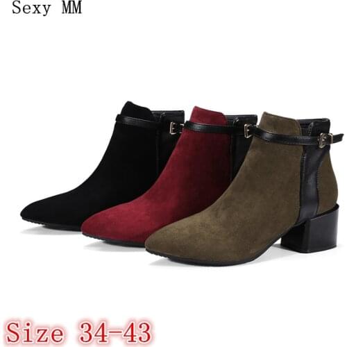 Spring Autumn Winter Women Ankle Boots Booties Square High Heels Shoes Woman Short Boots High Quality Plus Size 34 - 40 41 42 43