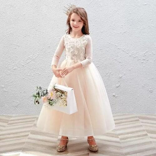 Flower Girl Dresses Illusion O-Neck Full Appliques Embroidery Princess Floor-Length Luxury Champagne Tulle Kids Party Gown H474