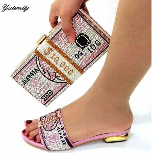 African Design Elegant Women Shoes And Bag Set For Party Dress New Arrival PU Wth Crystal High Heels Shoes And Bag Set