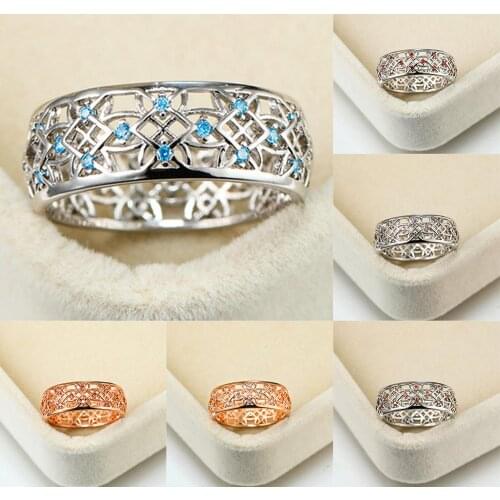 Dainty Female Blue Crystal Stone Ring Charm rose gold color Wedding Rings For Women Cute Rainbow Hollow Flower Engagement Ring