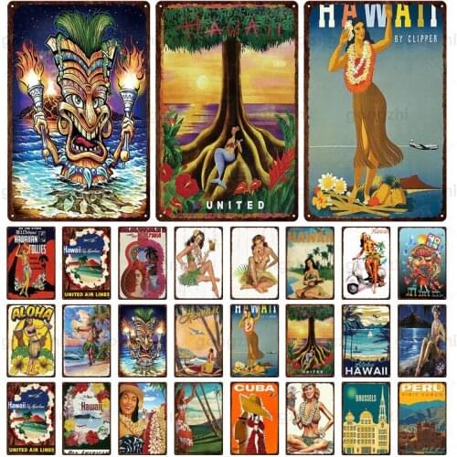 Classic Travel City Metal Vintage Tin Sign Hawaii Cuba Peru Plaque Wall Sticker Holiday Gift Family Room Wall Decoration Poster