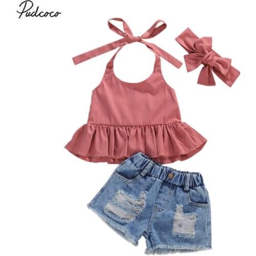 Kids Baby Girls Fashion 3-piece Outfit Set Solid Color Halter Top+Denim Shorts+Headband Set