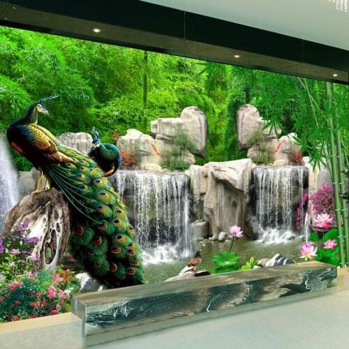 3D Wall Mural Natural Scenery Wallpaper Landscape Bamboo Forest Falls Peacock Bedding Room 3D Non-woven Wall Paper TV Background