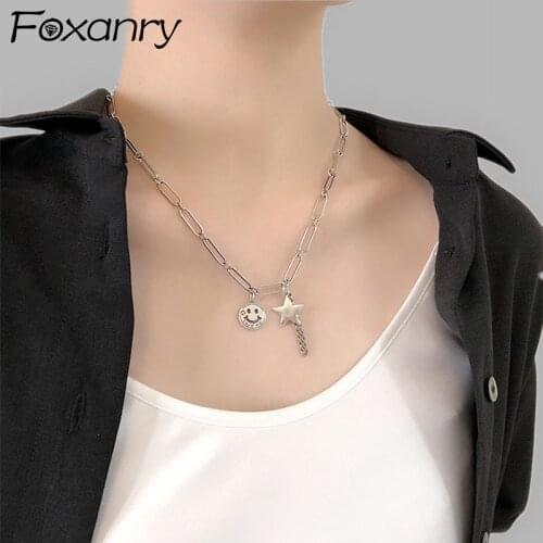 Foxanry 925 Sterling Silver Thick Chain Necklace New Trendy Punk Hip Hop Vintage Couples Smiley Face Star Tassel Party Jewelry
