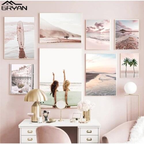 Blonde Girl Surfers Poster Surfboards on Beach Waves Canvas Prints Coconut Tree Dessert Painting Wall Art Picture Decor Sea View