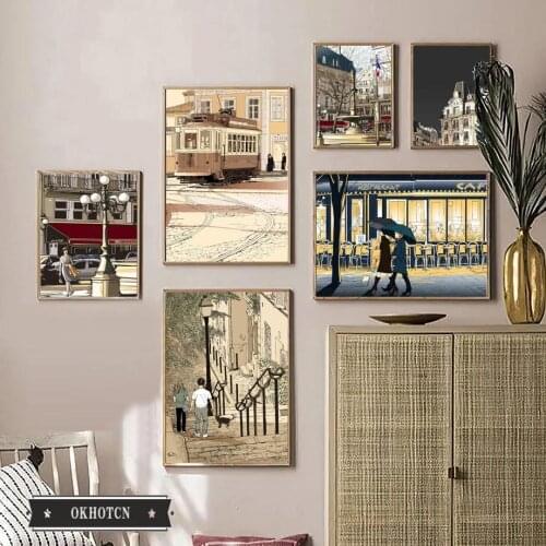 Nordic Street Daily Life Poster Lamp Umbrella House Tree Tram Cat Girl Canvas Painting Wall Art Pictures for Living Room Decor