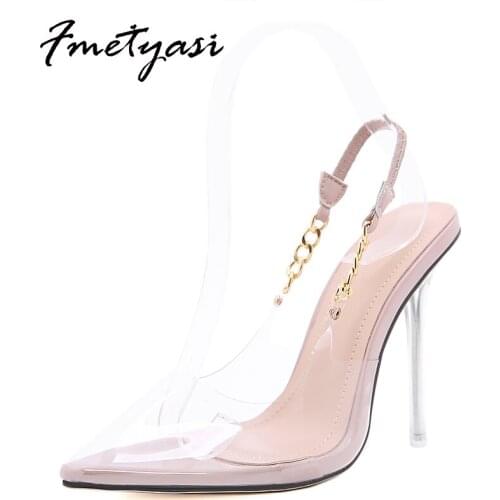 Womens High Heels Sandals Super High (8cm-up) Metal Chain Transparent High Heels Half Cover Pointed Toe Stiletto For Women