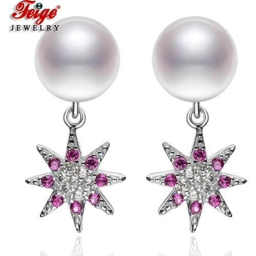 Fashion 925 Sterling Silver White Natural Cultured Pearl Stud Earrings for Women Party Jewelry Gemstone Earrings Gifts FEIGE