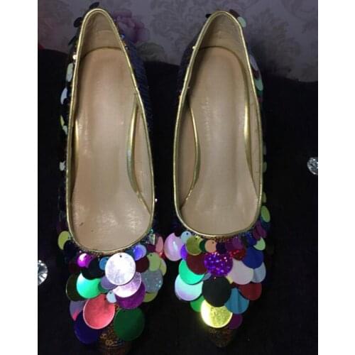 Spring Women Round Multi Bling Bling Sewed Pumps Kitten Heels Wedding Dress Shoes Colorful Sequins High Heels Ladies Zapatos