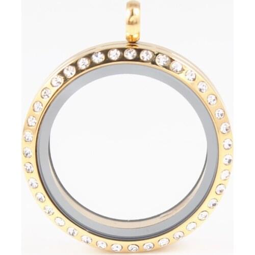 Rhinestone Round Gold Twist Screw Floating Locket 316L Stainless Steel Floating Memory Glass With crystal Locket Pendant