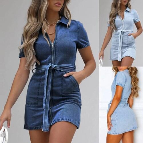 Light Blue Dresses Summer Womens Casual Solid Color Denim Zipper Belt Tied Short-Sleeved Shirt Dress Dark Blue Vestido Mujer