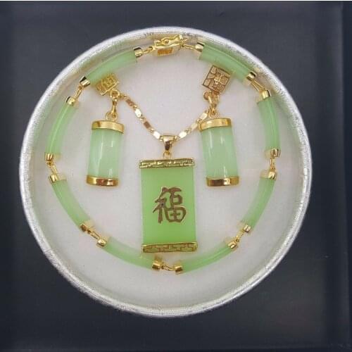 Green Jade Fortune Pendant Necklace Drop Earring Bracelet set