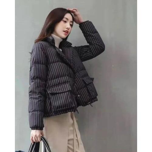 Women Korean Short Jacket Outerwear Cotton Warm Striped Winter Stand-Up Collar Loose Thicken Casual Puffer Coats