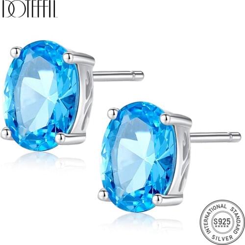 DOTEFFIL New Topaz Earrings 1.8 Carat Oval Sky Blue Topaz Birthstone 925 Sterling Silver Stud Earring for Women Gemstone Jewelry