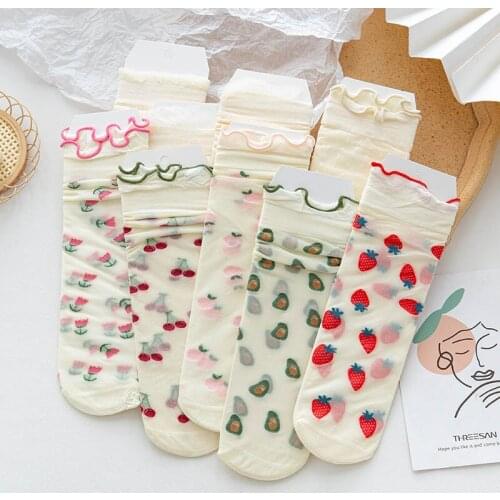 Fruit Pattern Women Sock Thin Breathable Japanese Style Mid Tube Socks Cute Black Fungus Lace Sweet Girls Hosiery