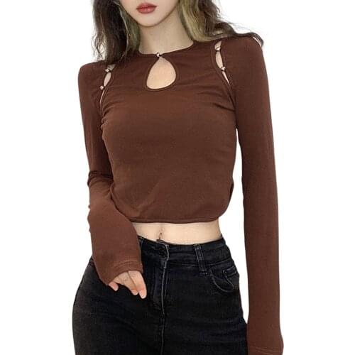 Women Cut Out Crop Tops Round Neck Button Connected Long Sleeves Brown Tops for Spring