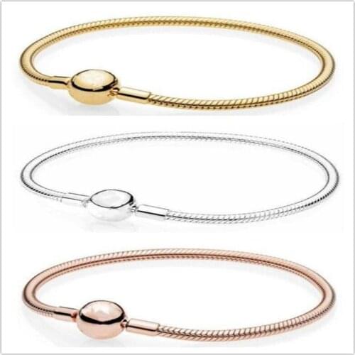 Bewill 925 Sterling Silver Bracelet Rose Moments Smooth Ball Clasp Snake Chain Bangle Fit Women Bead Charm DIY Fashion Jewelry