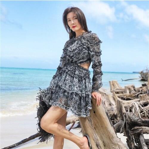 Hollow Out Chiffon Beach Women Dresses Backless Floral Print Beach Style Lace-Up Sexy Party Dresses Ladies Holiday Dresses
