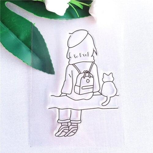 10*13.5 School Bag Girl and Cat Craft Transparent Silicone Stamp for Scrapbooking Paper Cards Making DIY Photo album Decorative Clear Stamp Sheet