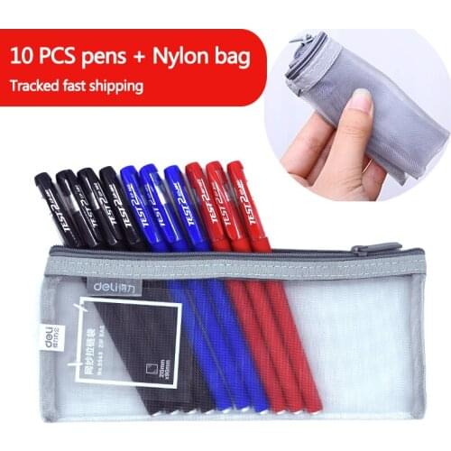 10 PCS Gel Pens&Soft Nylon Pencil Case Ballpoint 0.5 mm black, blue, red Stationery Pen for school Smoothly writing Fast dry