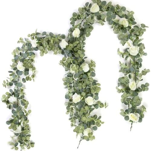 2-Pack 5.9FT Artificial Eucalyptus Garland with Flower Fake Greenery Vines and Leaves for Arch Arrangement Table Runner