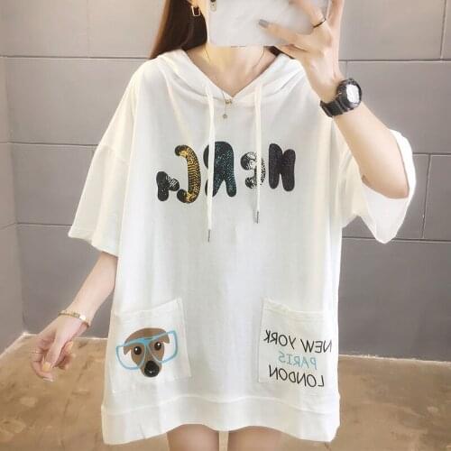 Summer New Cotton T-shirt Loose Hooded Short Sleeve Large Size Womens Clothing Korean Style Loose Ins Top Pocket Sweatshirt