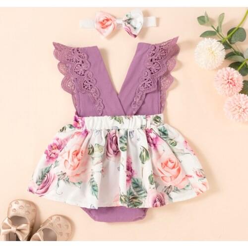 Summer Clothing Newborn Infant Baby Girl Lace Backless Bodysuits Dress Clothes Sleeveless Flowers Print Jumpsuits 0-18m