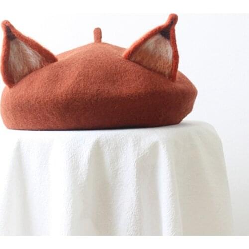 Cute Fox Ear Beret Casual Warm Painter Hat Handmade Beret Honey color