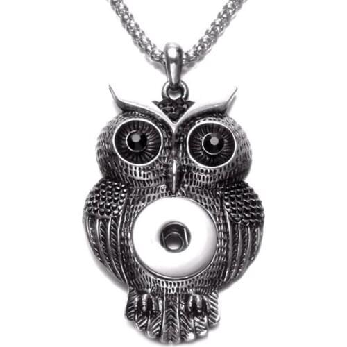 Cute Owl Charm Shape Snaps Pendant Necklace 18mm Snap Button Jewelry For Snap Jewelry with Chain link Length 80cm XL0088
