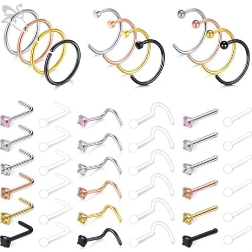 ZS 48-54pcs/lot 316L Stainless Steel Nose Ring Set 3MM Colorful CZ Crystal Nose Stud Lot Bioflex Nose Rings 20g Piercing Jewelry