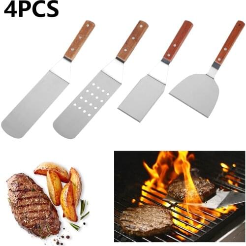 Stainless Steel BBQ Tools Set High-grade Wooden Handle Frying Scraper Spatula Heavy Duty BBQ Exclusive Griddle Accessories Set