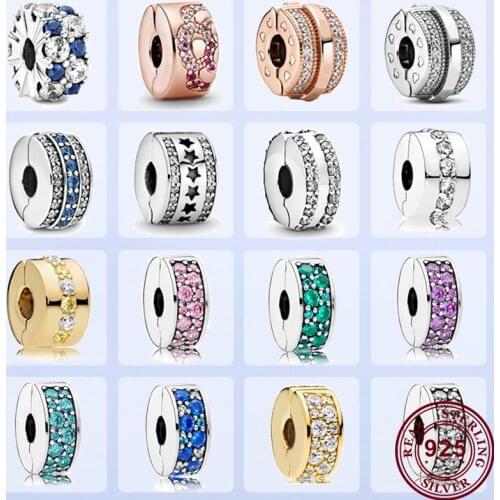 New Genuine Pan Clip 925 Silver Multi Color Fashion Star Pink Fan Positioning Clip For Genuine Pandora Bracelet Womens Jewelry