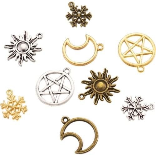 1Set Moon Sun Star Snowflake Tibetan Style Alloy Pendants Charms for DIY Bracelet Necklace Handmade Jewelry Making Mixed Color