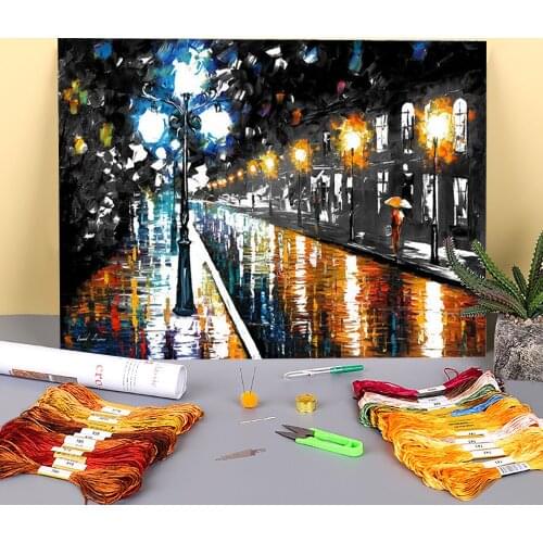 Blue Lights Black And White Printed 11CT Cross-Stitch Full Kit DIY Embroidery DMC Threads Handmade Needlework Promotions