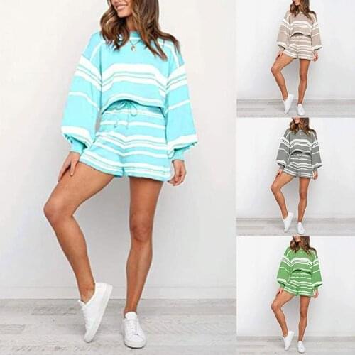 Holiday chic summer wear casual leisure home-wear two piece suit knittes causal long sleeves pullover loose shorts Young Style