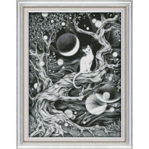 Joy Sunday Moonlit White Cat DIY Embroidery Cross Stitch Patterns Printed Canvas Needlework Set Everything For Handmade Animal