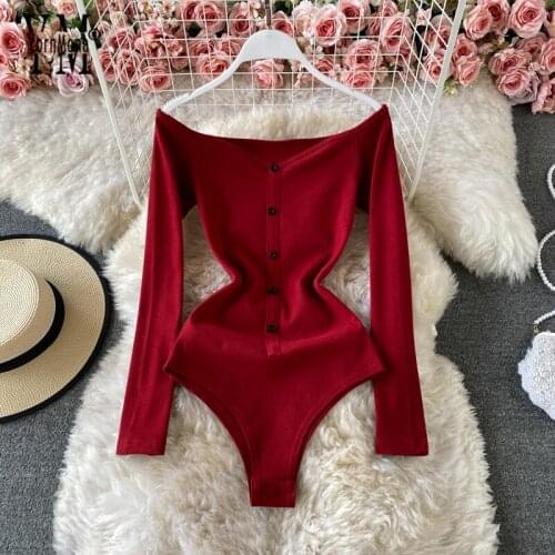 YornMona Sexy Off Shoulder Bodysuits Women Casual Long Sleeve Black Red Body Tops Basic Buttons Bodycon Rompers Womens Jumpsuit