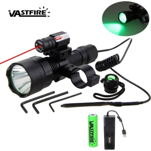 C8 LED Tactical Hunting Flashlight Rifle Airsoft Gun Light+Laser Dot Sight+Switch+20mm Rail Barrel Scope Mount+18650+Charger