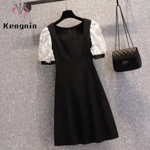 Loose Oversized Women Spliecd Lace Dress 2021 Summer Dress Embroidery Black Vestidos Patchwork Black Female Clothing KE1146