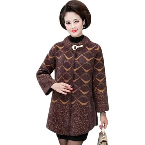 Women Winter Jacket High Quality Thick Imitation Mink Cashmere Coat Middle-aged Mother Long Sleeve stripeKnit Sweater Cardigan