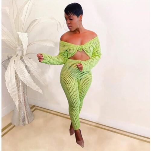 Neon Green Hollow Out Sexy Two Piece Set Women Party Long Sleeve Crop Top and Full Length Pant Set Spring 2 Piece Club Outfits