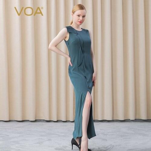 VOA Silk 40m/m Heavy Round Neck Dresses AE722 Asymmetric Stitching Sexy Mature Woman Hem Split Sleeveless Dress 2021