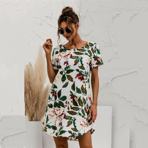 For Womens Fashion Print Dresses Casual Loose O Neck Short Sleeve Flower Ladies Midi Skirt 2021 Ladies Vacation Sundress