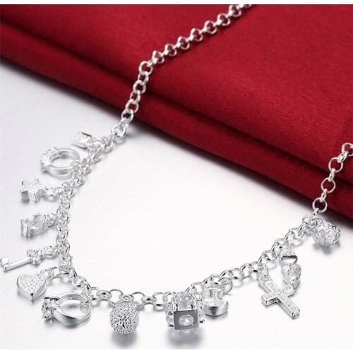 925 Sterling Silver Heart Moon Star Cross Square Pendant Necklace For Women Fashion Wedding Engagement Charm Jewelry