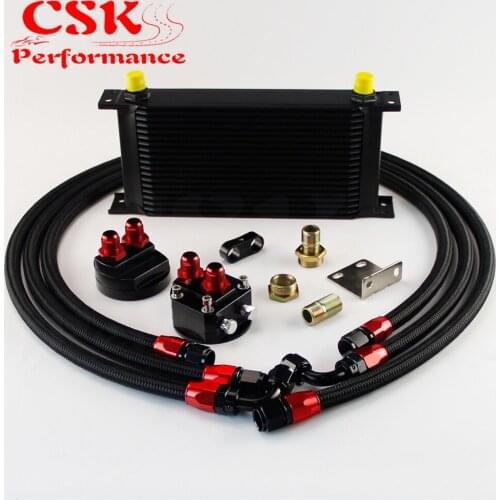 19 Row 248mm AN8 Universal Engine Transmission Oil Cooler British Type + Filter Adapter Kit Black/Blue