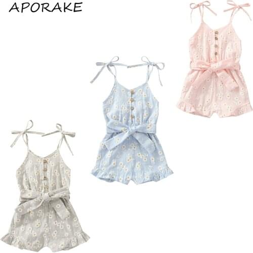 2021 1-6Y Kids Baby Girl Jumpsuit with Bow Summer New Floral Print Single-breasted Ruffle Sweet Style Romper Outfit