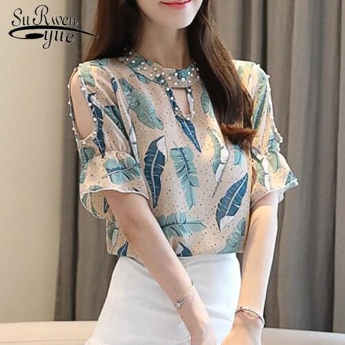 Blusa Feminina 2021 Summer New Elegant Short Sleeve Floral Chiffon Blouse Fashion Woman Blouses Slim Fit Print Top Shirt 8955 50