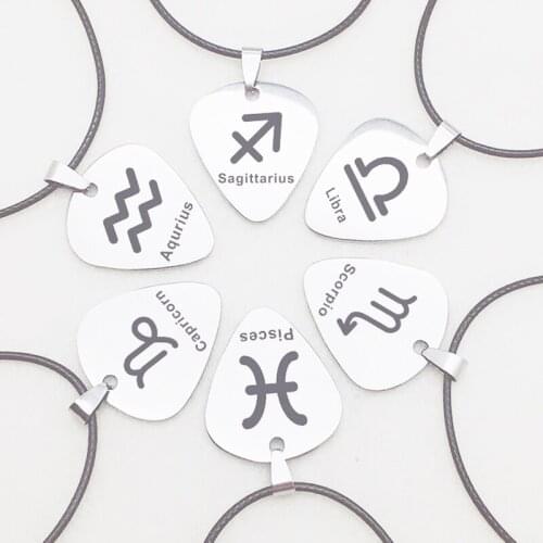 Stainless Steel Acouway Guitar Pick Pendant Necklace With Black Leather Chain Libra 12 Constellation Guitar Instrument Parts