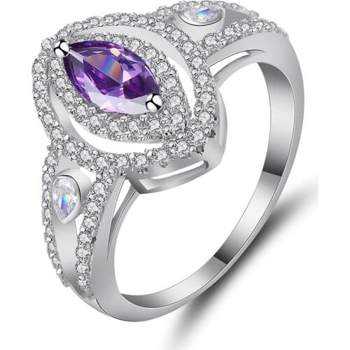 Hainon Fashion Women Wedding Jewelry Rings Purple Zircon Oval Design White Crystal Silver Color Ring Jewelry Size 6 7 8 9